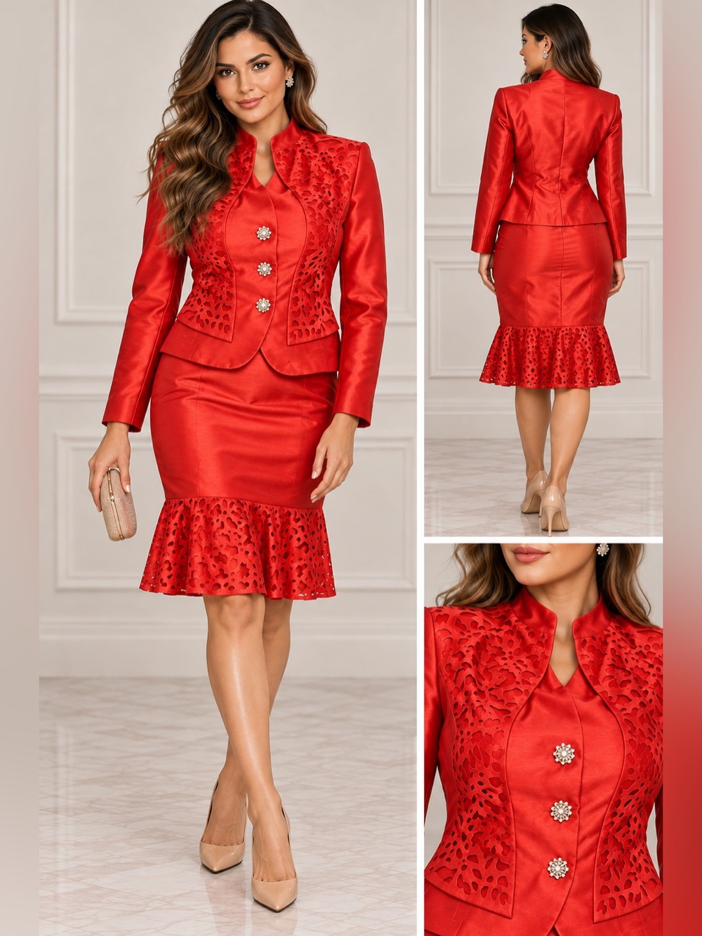 G.M.I. Woman Red Satin 2-Piece Skirt Suit – Size 16W